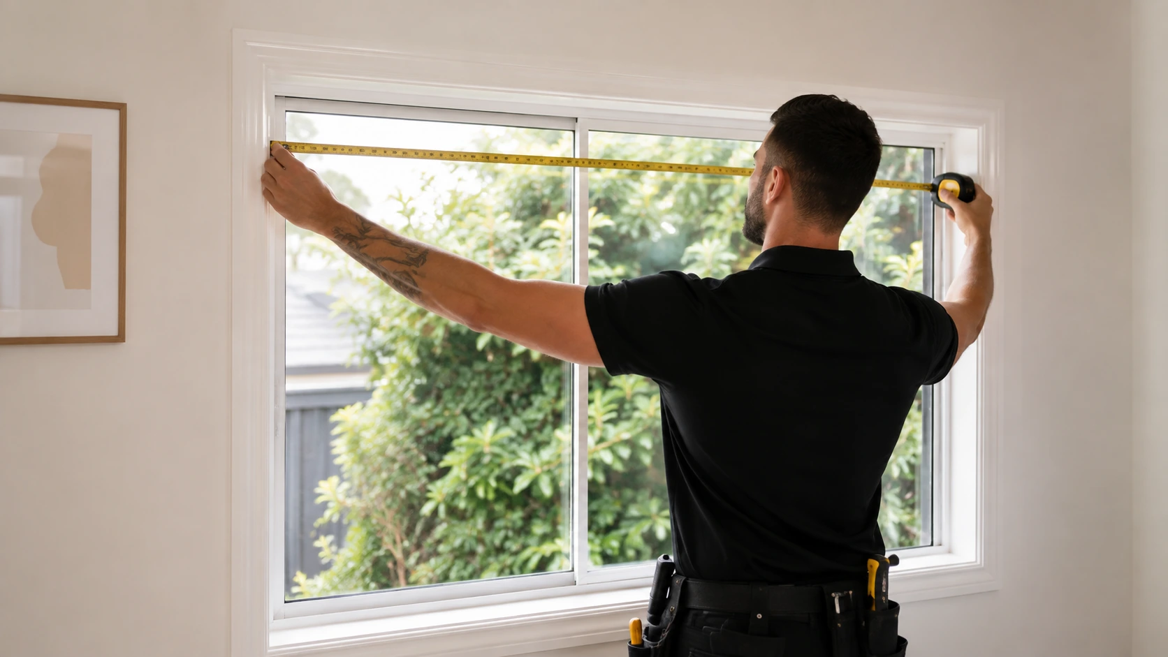 A Klay technician measuring a window with a tape measure