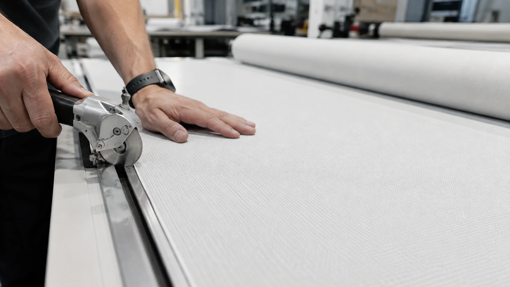 Blind fabric being cut and finished on the factory floor