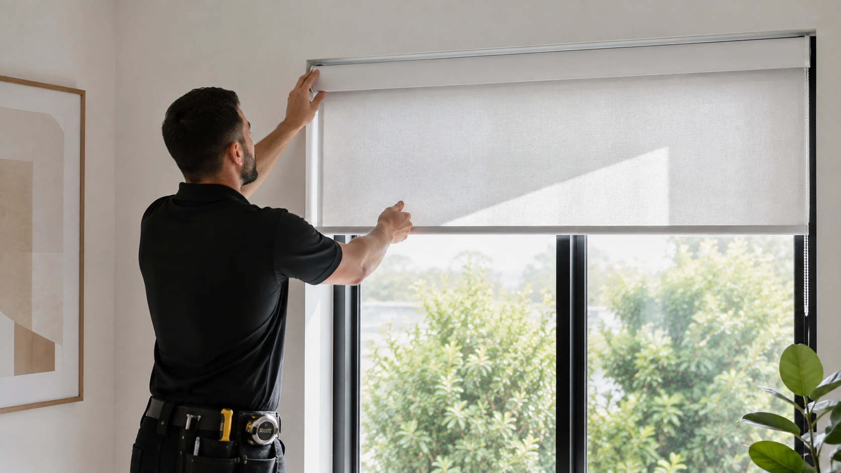 An installer carefully fitting a roller blind to a window