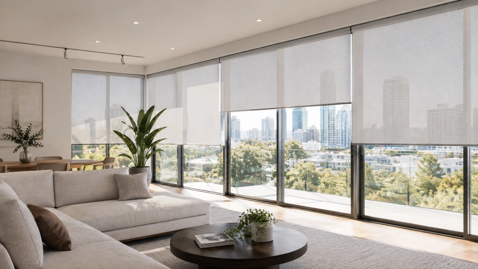 Soft daylight through roller blinds in a calm, open living room