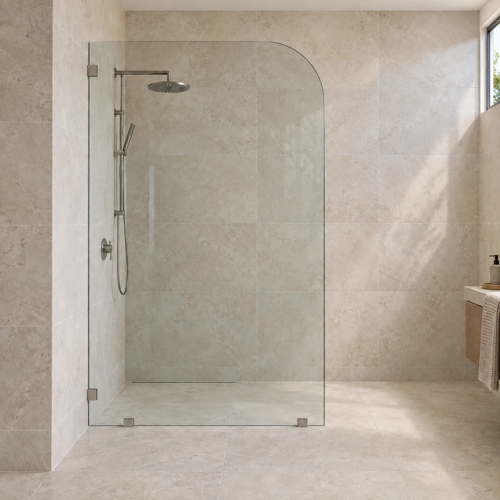 Radius corner frameless shower screens — Klay product example